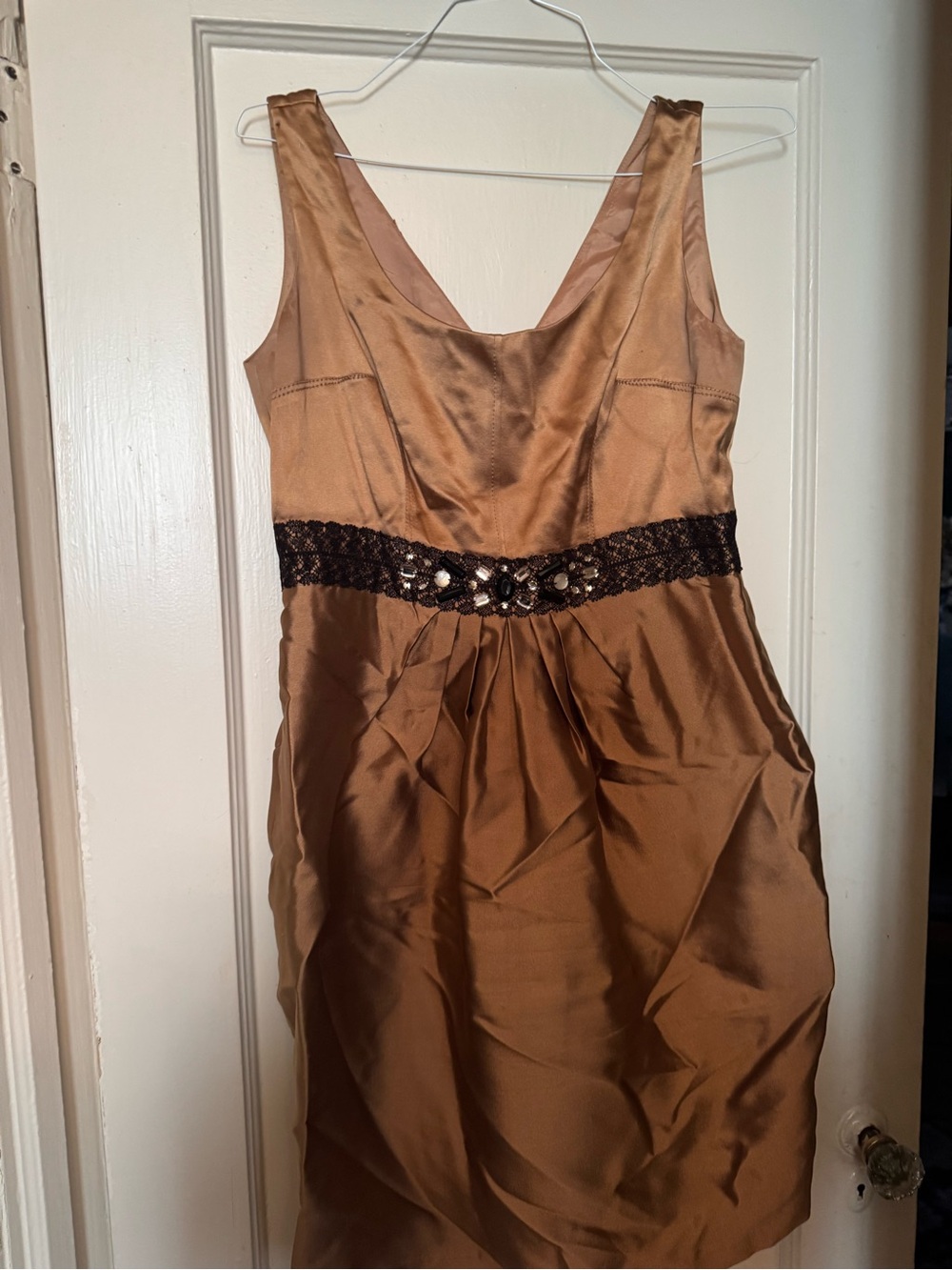 Kay Unger Bronze Satin Cocktail Dress with Embellished Waistband